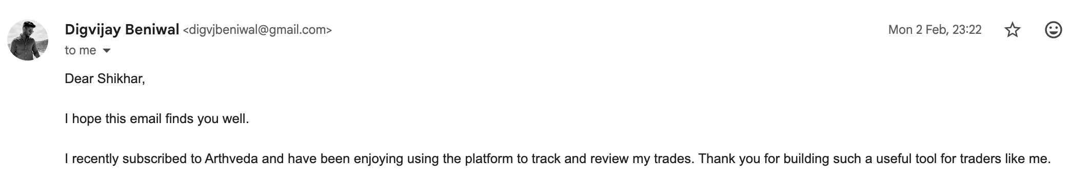 Customer email testimonial